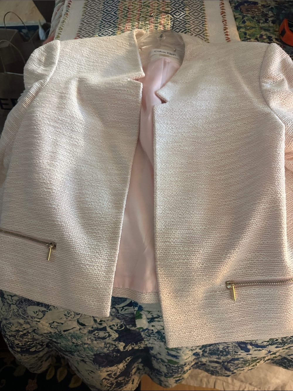 Light Pink Tweed Collarless Jacket with Gold Zippers